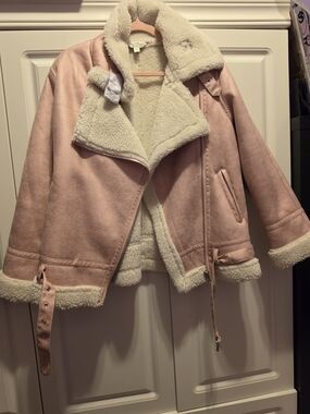 Miss Selfridge Dusty Pink Faux Shearling Aviator Coat